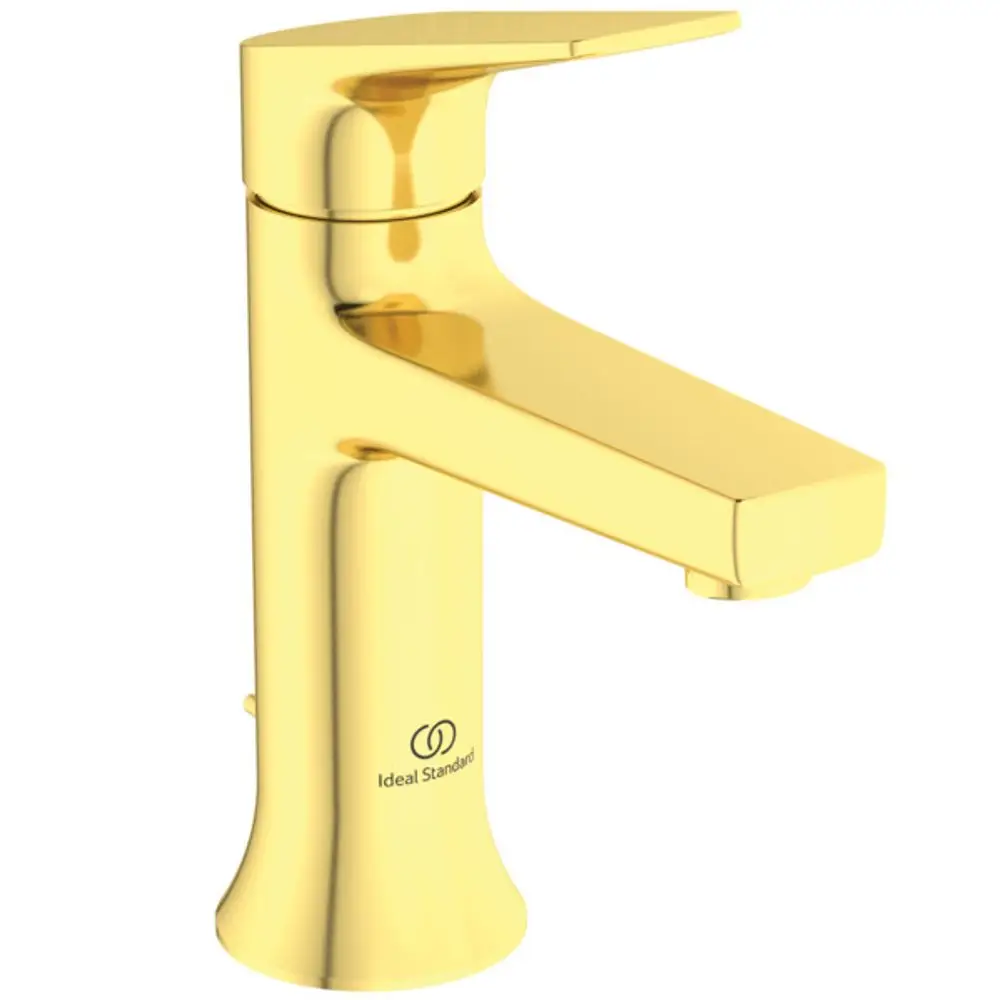 Waschtischarmatur in glänzendem Gold, mit einem flachen Hebel zur Steuerung des Wasserflusses, gefertigt von Ideal Standard. Enthält eine Ablaufgarnitur.